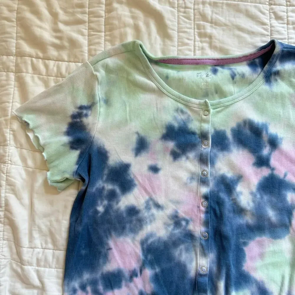 Justice Tie‎ dye hippie shirt girls XXL 16 18 ruffle hem boho casual button up
